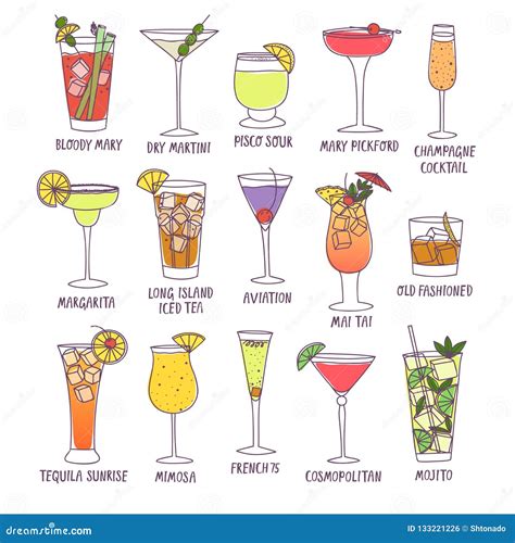 Set of Doodle Cocktails with Names Stock Illustration - Illustration of margarita, drink: 133221226