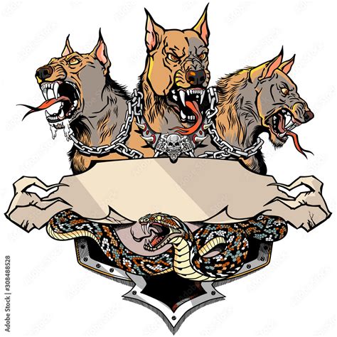 Cerberus hell hound and angry snake. Mythological three headed dog the ...