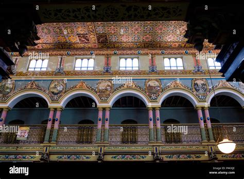 Balustrade and ceiling inside Chettinad-style palatial house, Chettinad region, Tamil Nadu ...