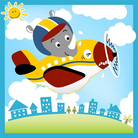 Cute rhino on funny airplane flying across buildings on blue sky clouds ...