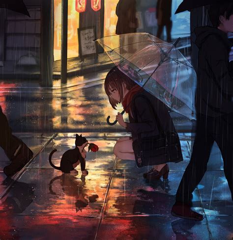 urban, anime girls, city, catzz, rain, umbrella, cats, anime HD Phone Wallpaper | Rare Gallery