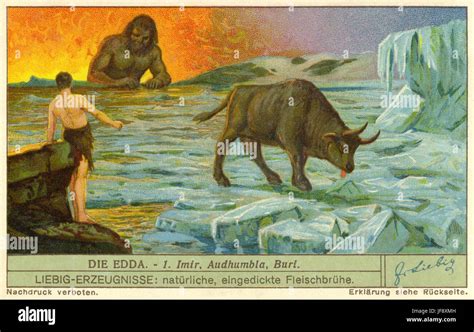 Norse creation myth - Ymir, Audhumbla and Buri, created from melting ice. Edda - Norse saga ...