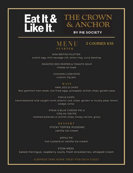 Crown and Anchor Menu | EIALI Restaurant Wks