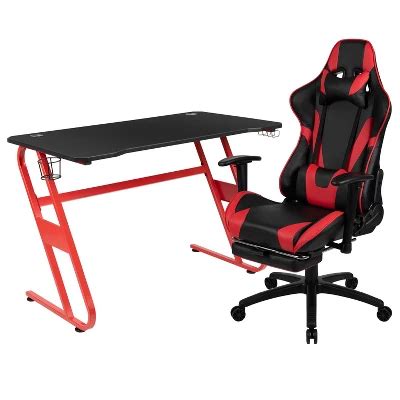 Blackarc Echo Gaming Desk & Chair Set: Black & Red Faux Leather Reclining Gaming Chair; Gaming ...