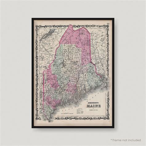 an old map of maine in pink and green, with the names of towns on it