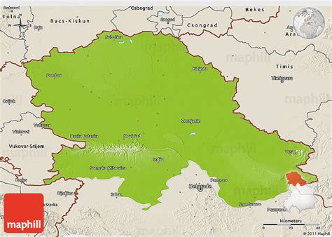 Physical 3D Map of Vojvodina, shaded relief outside