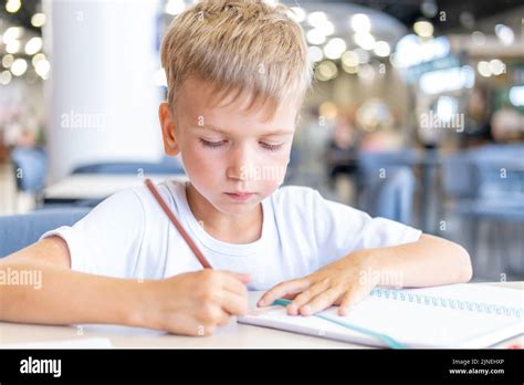 A focused boy doing homework, writing text in a notebook at the table. Cute positive boy writes ...