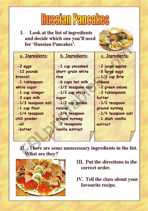 Russian Pancakes Recipe - ESL worksheet by *Maria*