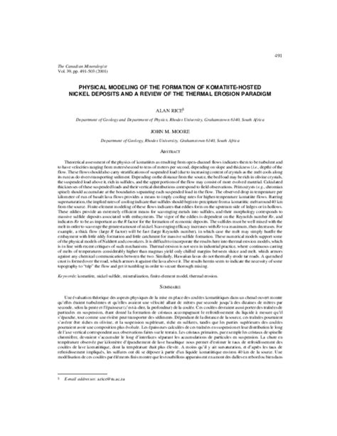 (PDF) Physical modeling of the formation of komatiite-hosted nickel deposits and a review of the ...