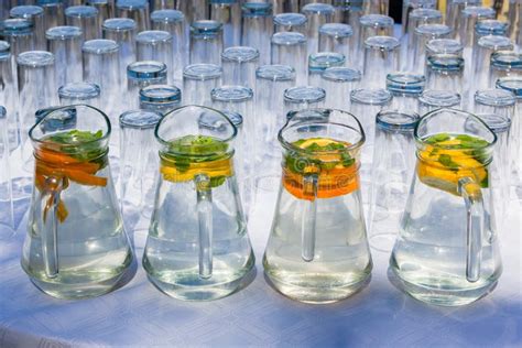 Refreshments Drinks Water Jugs Stock Photo - Image of weddings, drinks ...