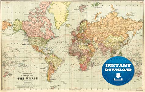 Digital Vintage Flair World Map Art, Printable Download Map, Vintage Style World Map, Boho Map ...