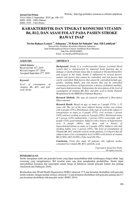 (PDF) Karakteristik Dan Tingkat Konsumsi Vitamin B6, B12, Dan Asam Folat Pada Pasien Stroke ...