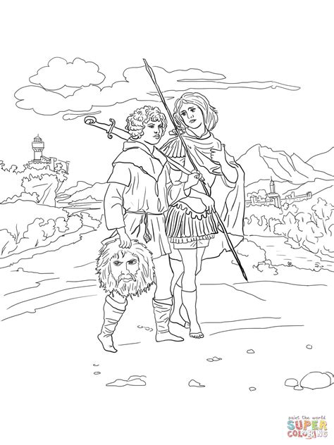 Jonathan and David with Head of Goliath coloring page | Free Printable Coloring Pages