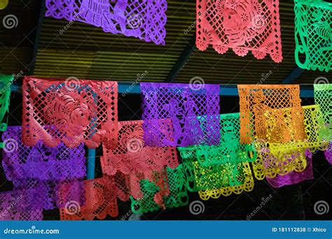 Colorful Traditional Paper Flags are Known As `papel Picado` Hanging at a Day of the Dead ...