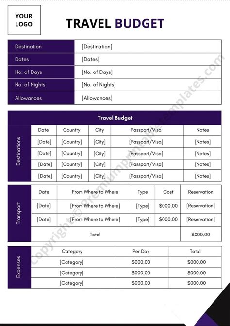 Travel Budget Template Printable in PDF and Word