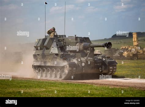 British Army AS90 self propelled gun of the Royal Artillery Regiment in action on Salisbury ...