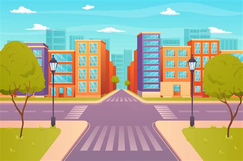 Crossroads on city street view concept in flat cartoon design. Cityview with roadway, sidewalk ...