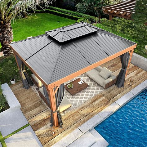 EROMMY 10' X 13' Deluxe Gazebo Hardtop Metal Pergola with Wood Grain A – Erommy