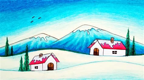 How to Draw Easy Scenery of Winter Season Houses | Simple Snow Scenery Drawing Step by Step