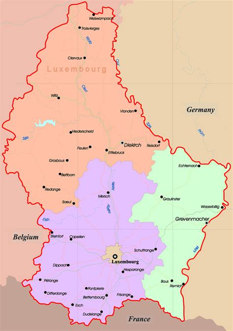 Detailed administrative map of Luxembourg with roads and major cities ...