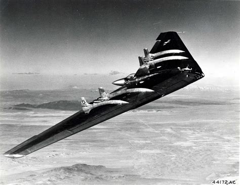 1947: Northrop YB-49 Flying Wing in flight near Muroc Air Force Base (now Edwards AFB).