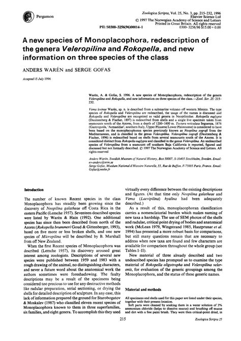 (PDF) A new species of Monoplacophora, redescription of the genera Veleropilina and Rokopella ...