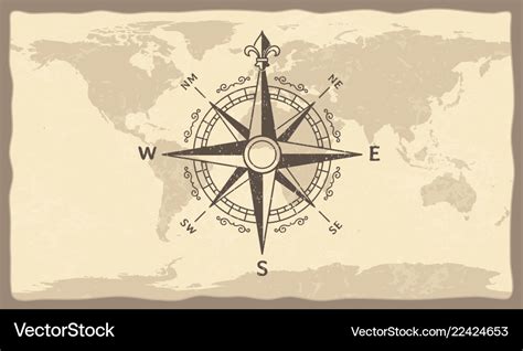 Antique compass on world map vintage geographic Vector Image