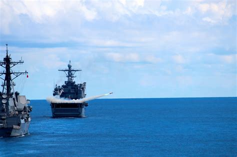 Whidbey Island Class Dock Landing Ship USS ASHLAND (LSD-48) launches a BQM-74 Chukar target ...