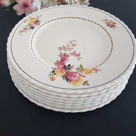 Myott ROSITA 10 Dinner Plates, Sets of 2, Pattern 3495, Yellow Pink Rose, Embossed Edge, Vintage ...