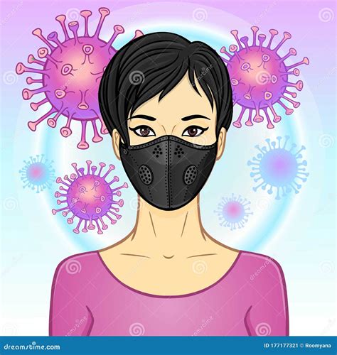 Animation Portrait of Asian Woman in Black Medical Face Mask. Stock ...