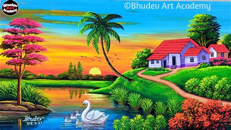 a painting of swans in front of a house and lake with palm trees on either side