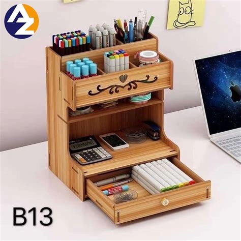 AZ Wooden Organizer Box, Wooden Desktop Organizer, Multi-function Wood 13 Grids Desktop Stand ...