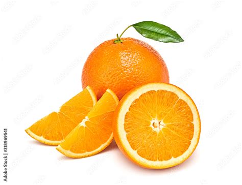 Orange fruit, slices, leaves isolated on white. Juicy healthy vitamin C clean eating food ...