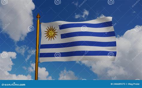 National Flag of Uruguay Waving 3D Render with Flagpole and Blue Sky, Oriental Republic of ...