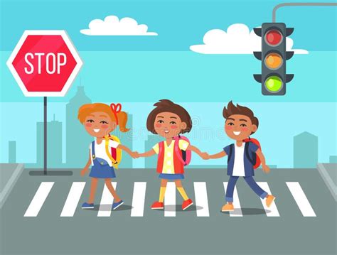 Kids Crossing Road in City Cartoon Illustration Stock Vector - Illustration of graphic, cute ...