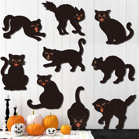 Buy 9 Pieces Halloween Black Silhouette Cat Vintage Halloween Cardboard Cutouts Decor y ...