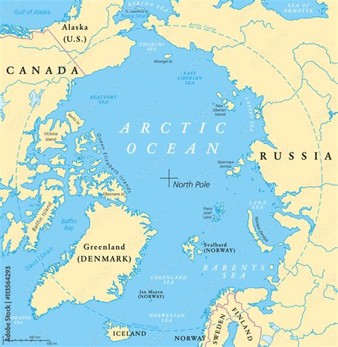 Arctic Ocean map with North Pole and Arctic Circle. Arctic region map with countries, national ...