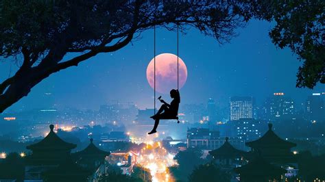 #8.2831, Alone, Girl, Silhouette, Night, City, Moon, Scenery, Digital Art, 4K Wallpaper