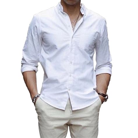 FL&AEVVE New Brand Mens Smart Casual Shirt Long Sleeve White Slim Solid ...