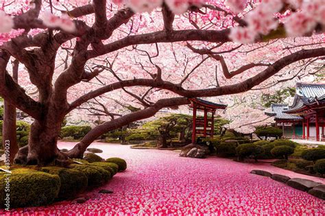 Beautiful japan temple in blossoming sakura garden, pink cherry trees, nature background ...