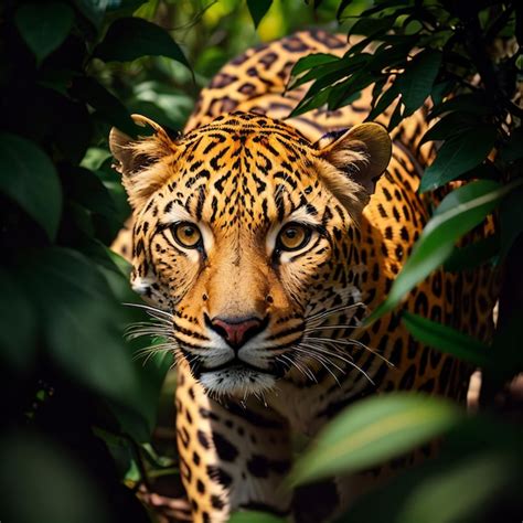 Premium AI Image | A leopard looks through the jungle foliage