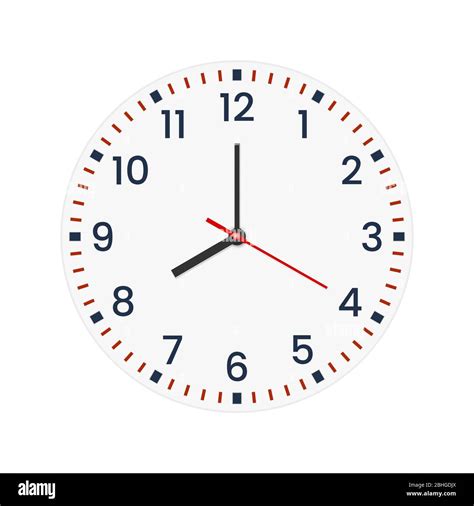 Realistic clock face with minute, hour numbers and second hand. Red center. Symbol watch ...