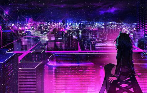 Roof, girl, night, the city, neon for , section арт, Anime Neon City HD wallpaper | Pxfuel