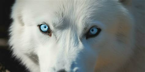 A white wolf with blue eyes lies on the log Ai generated 23386520 Stock Photo at Vecteezy