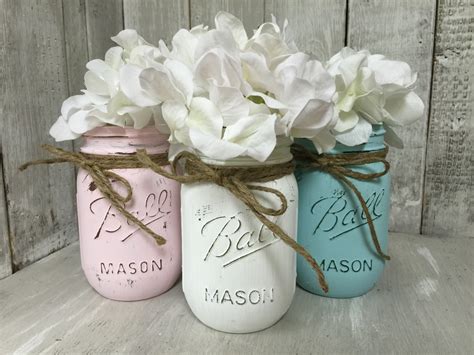 Shabby Chic MASON JARS, Painted Mason Jars, Mason Jar Vases, Jars for ...