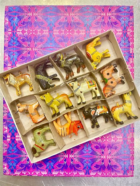 Set of 12 2 Wooden Animal Figurines Hand Carved & Painted Animals ...