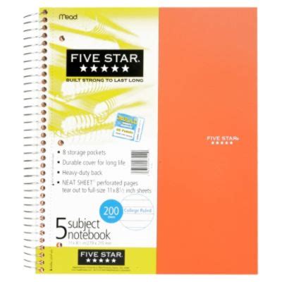 Mead 06112 Five Star 5 Subject Notebook, College Ruled, 200 Sheets, 1 ...