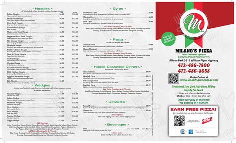 Menu at Milano’s Pizza pizzeria, Hampton Township, William Flinn Hwy