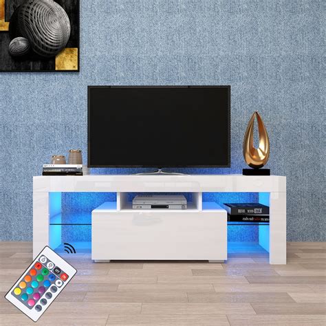 Modern White TV Stand on Clearance with LED Lights, High Gloss 12 Colors LED Universal TV Stand ...