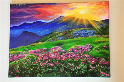 Mountain Sunset, Spring, Landscape Acrylic Painting - "Fresh" -50% discount! by WellOfInspira ...